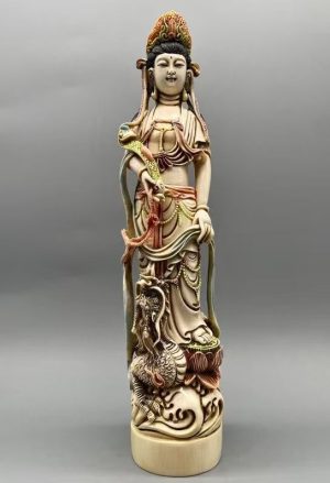 Hand-Carved Mammoth Ivory Dragon Guanyin Statue — Exquisite Artisan Masterpiece